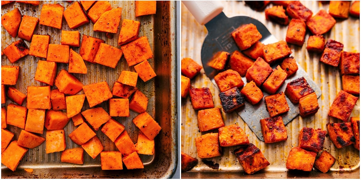 Sweet potatoes roasting on a pan for this sweet potato quinoa salad.