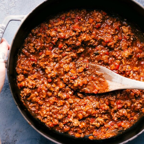 Sloppy joes with turkey, prepared and ready to be spooned onto buns for serving.