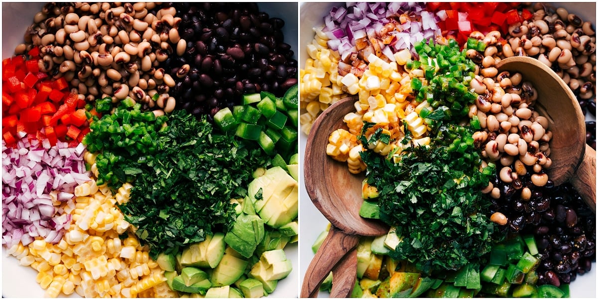 All the ingredients in this recipe prepped in a bowl and it being tossed together.