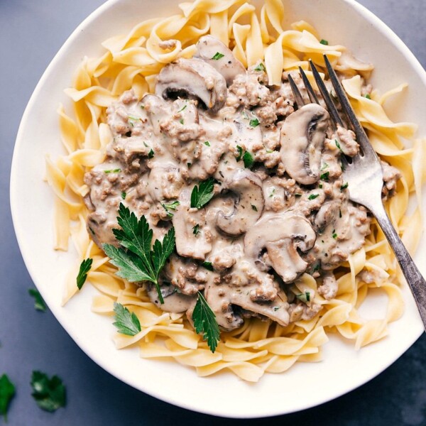 Ground beef stroganoff served over tender egg noodles.