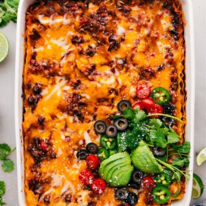 Taco Lasagna in the pan fresh out of the oven.