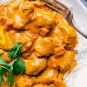 Plate full of butter chicken atop rice, ready for eating.