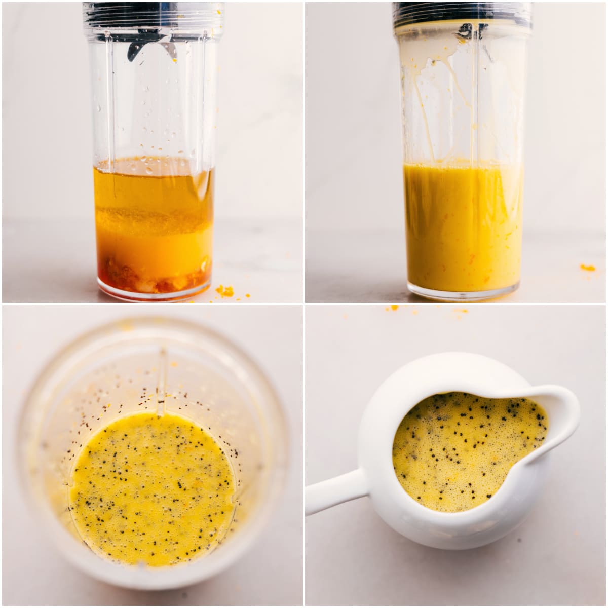 Blend the dressing ingredients together in a small blender, then add them to a mason jar and mix in the poppy seeds.