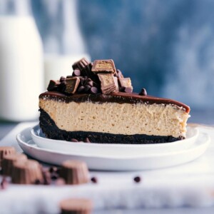 A slice of the delicious and flavor packed no-bake peanut butter cheesecake.