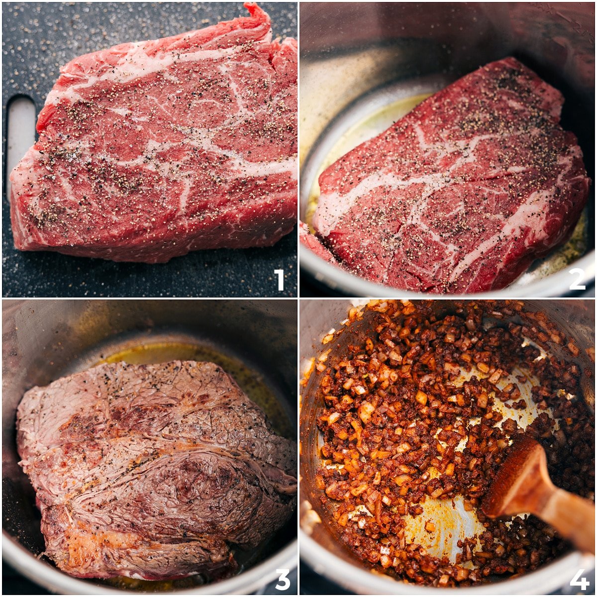 The beef being seared in the instant pot and the veggies being sautéed for shredded beef enchiladas.