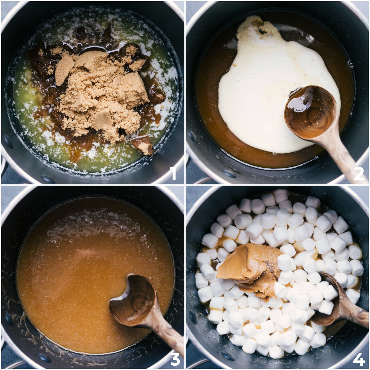 The brown sugar and butter being melted, then the marshmallows being melted in along with the peanut butter.