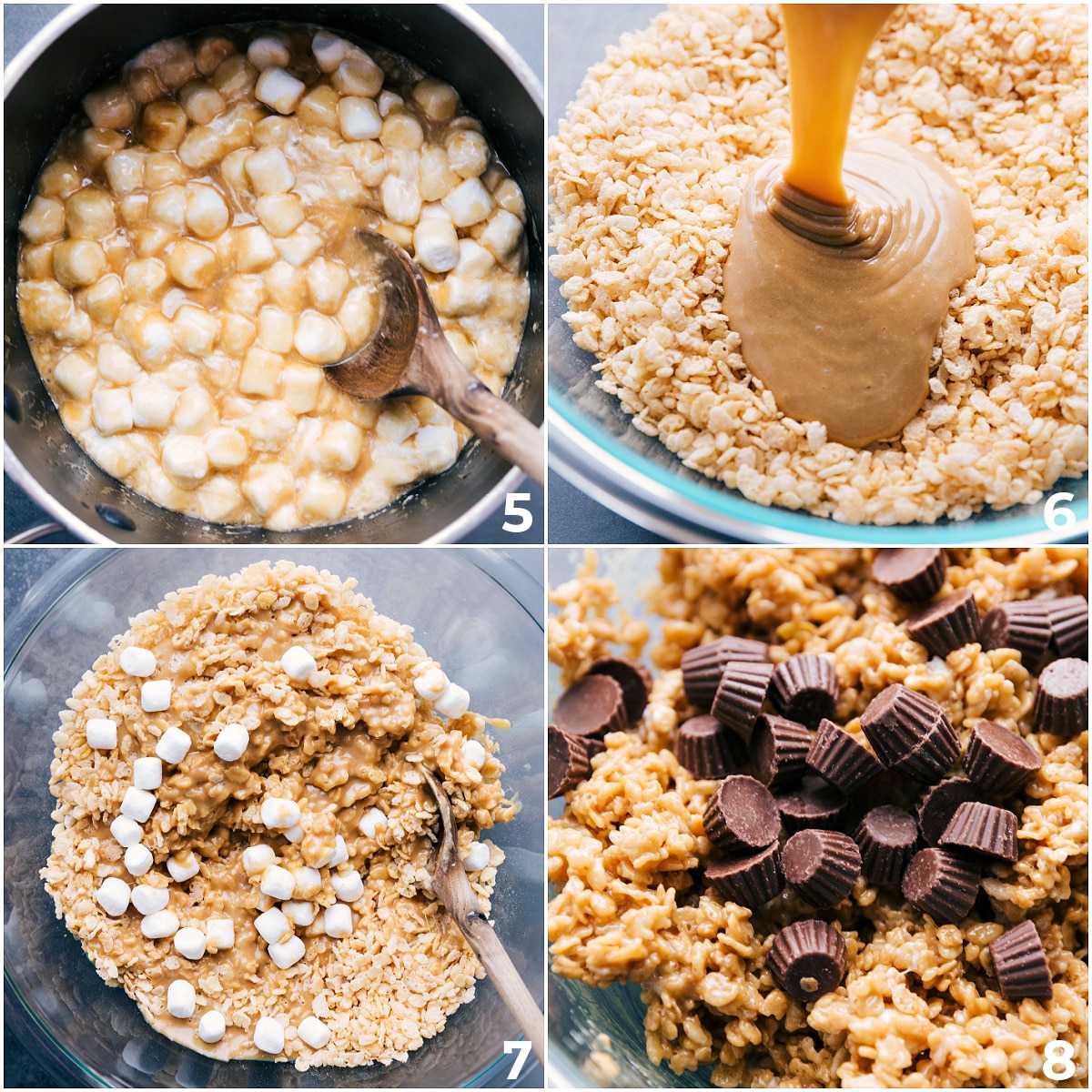 The marshmallow and peanut butter mixture is poured over the Rice Krispies, and more marshmallows and peanut butter cups are mixed in for these peanut butter Rice Krispie treats.