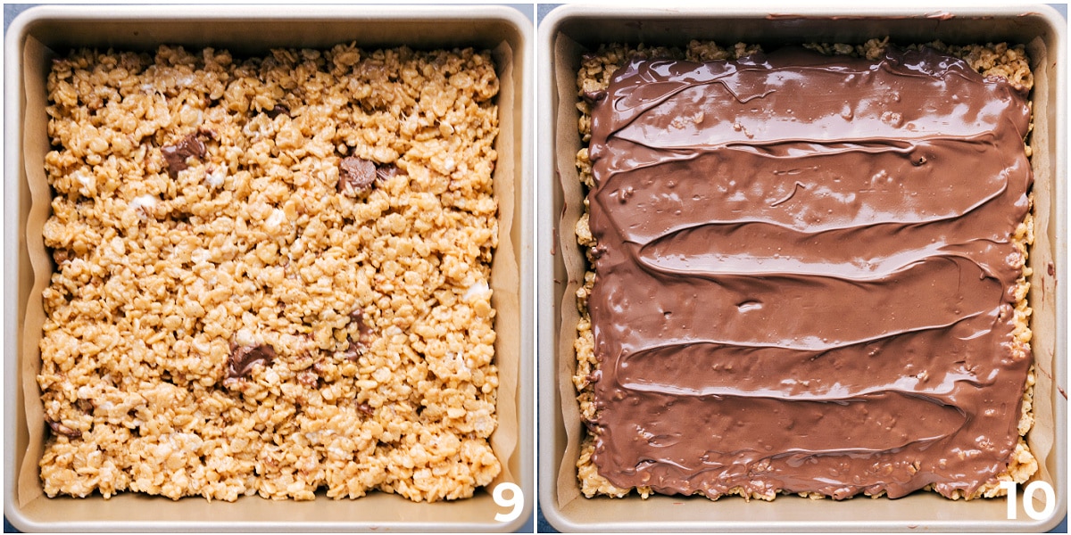 Press the no-bake dessert into an even layer in the baking pan, then spread melted chocolate on top.