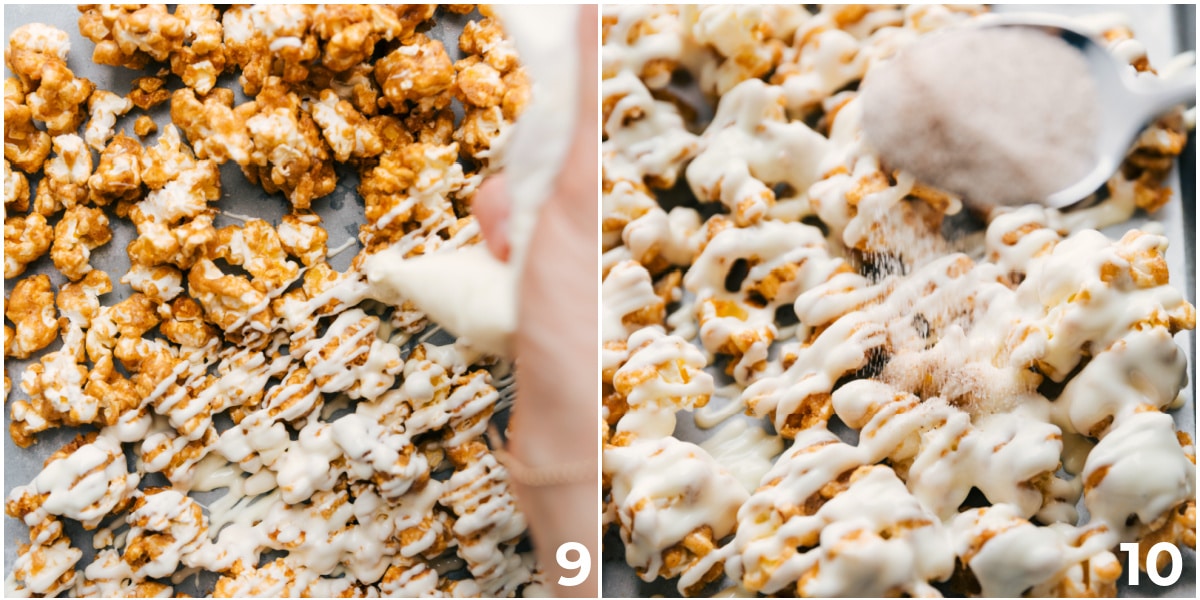 White chocolate drizzled on top with cinnamon sugar sprinkled over this cinnamon roll popcorn.