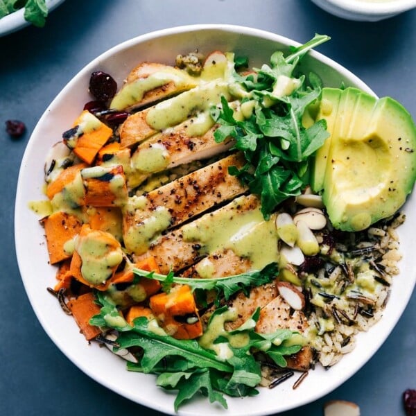 Chicken and wild rice in a bowl, featuring well-cooked, sliced chicken and creamy sauce poured on top, creating a healthy and delicious meal.