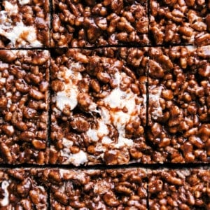 Chocolate Rice Krispie Treats cut into squares.