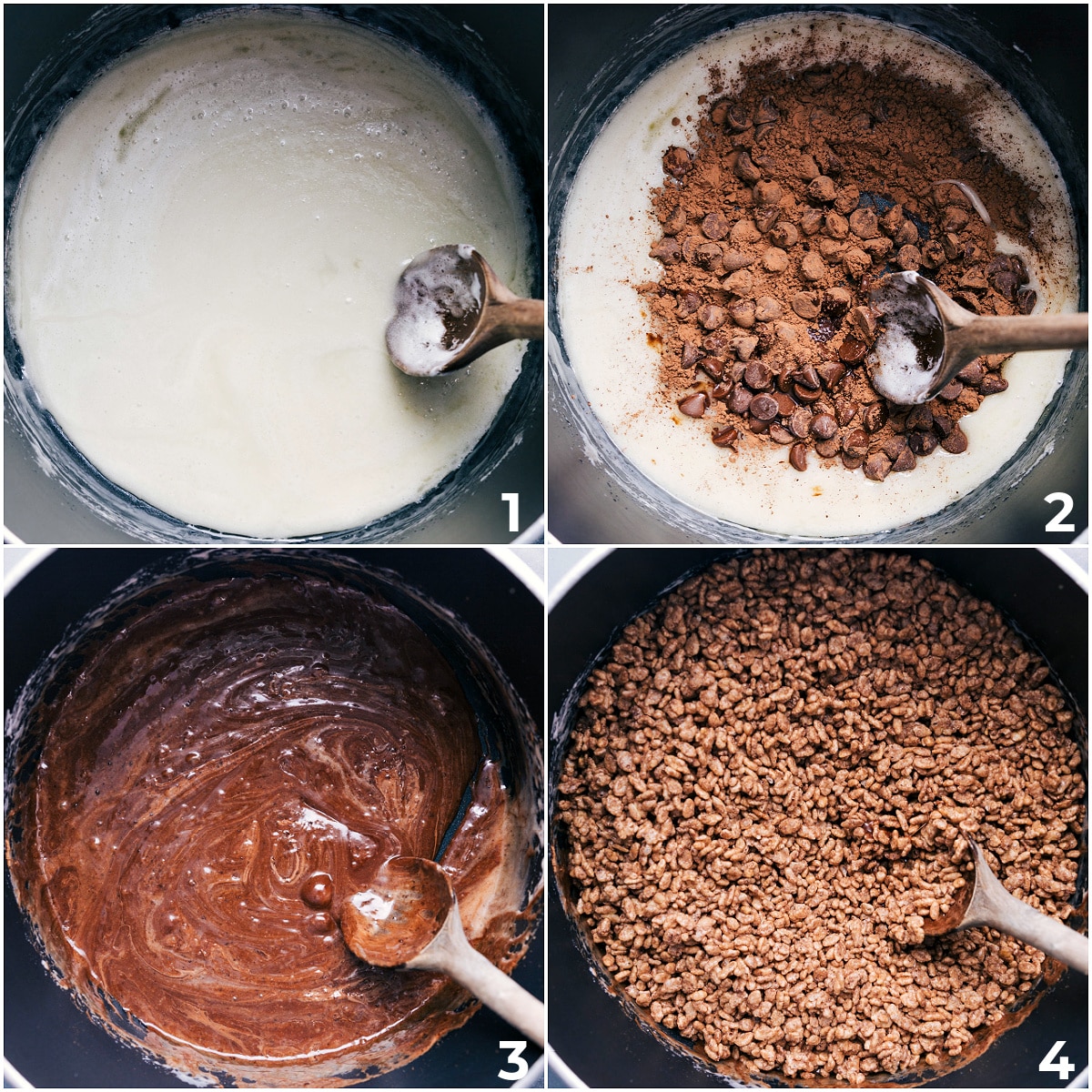 Marshmallows being melted down and cocoa powder being added and the cereal being mixed in.