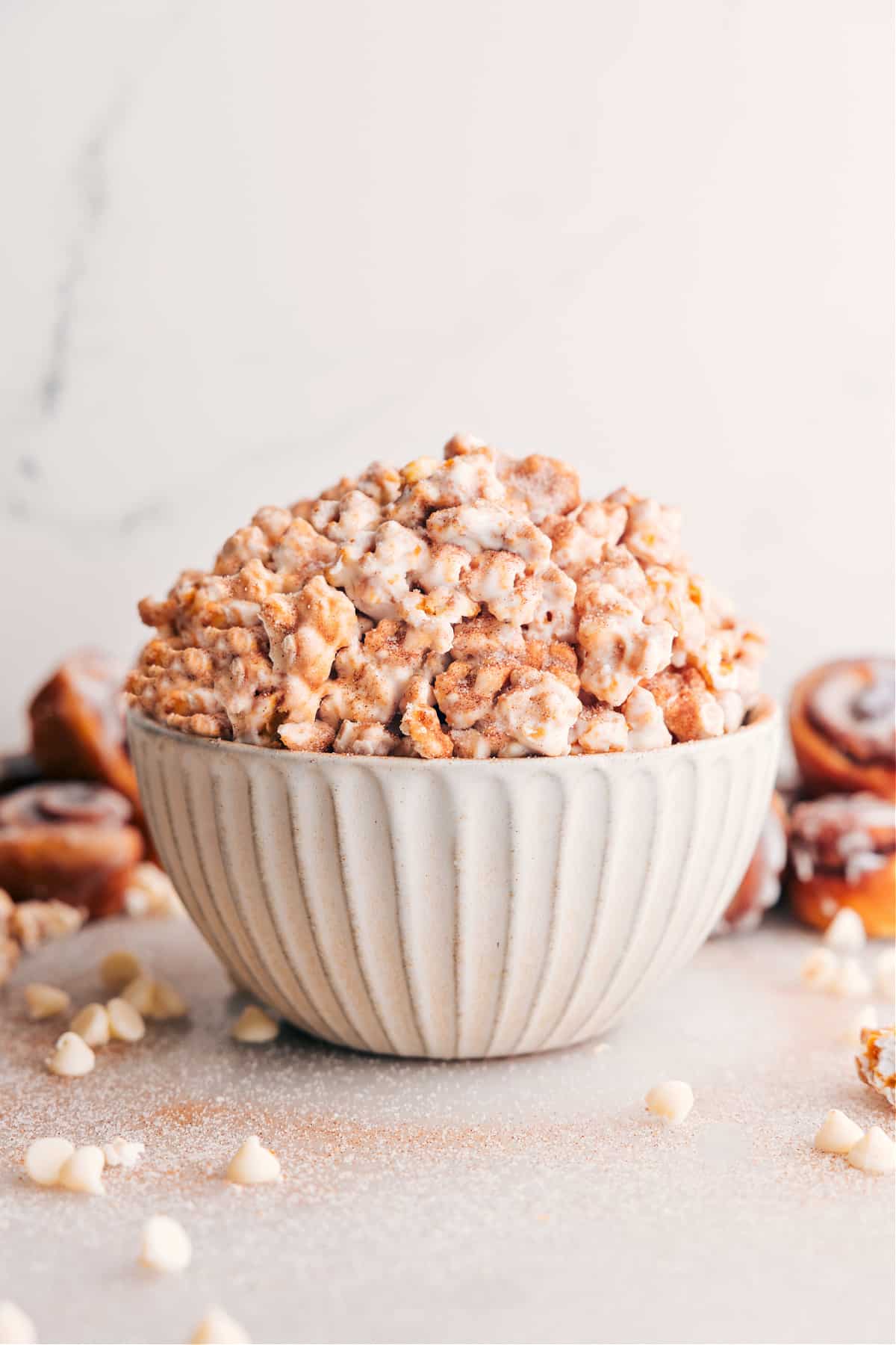 Cinnamon Roll Popcorn in a bowl, ready to serve and enjoy.