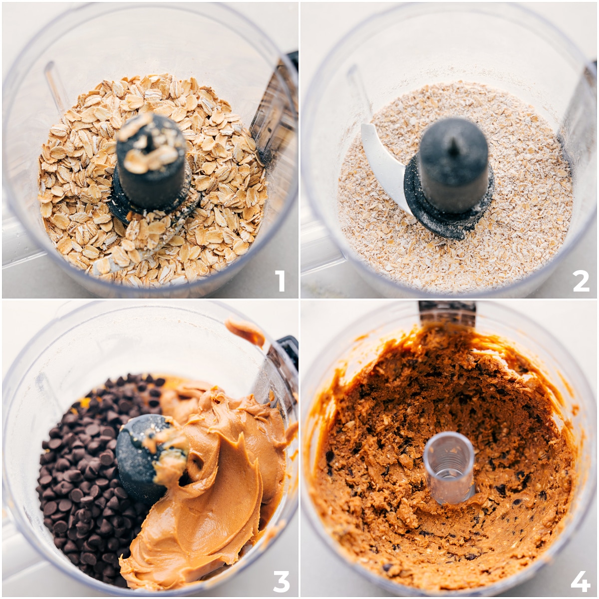 All the ingredients in these homemade protein bars added to a food processor and it all being pulsed together.