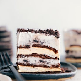 Four-ingredient Ice Cream Sandwich Cake slice on a plate.