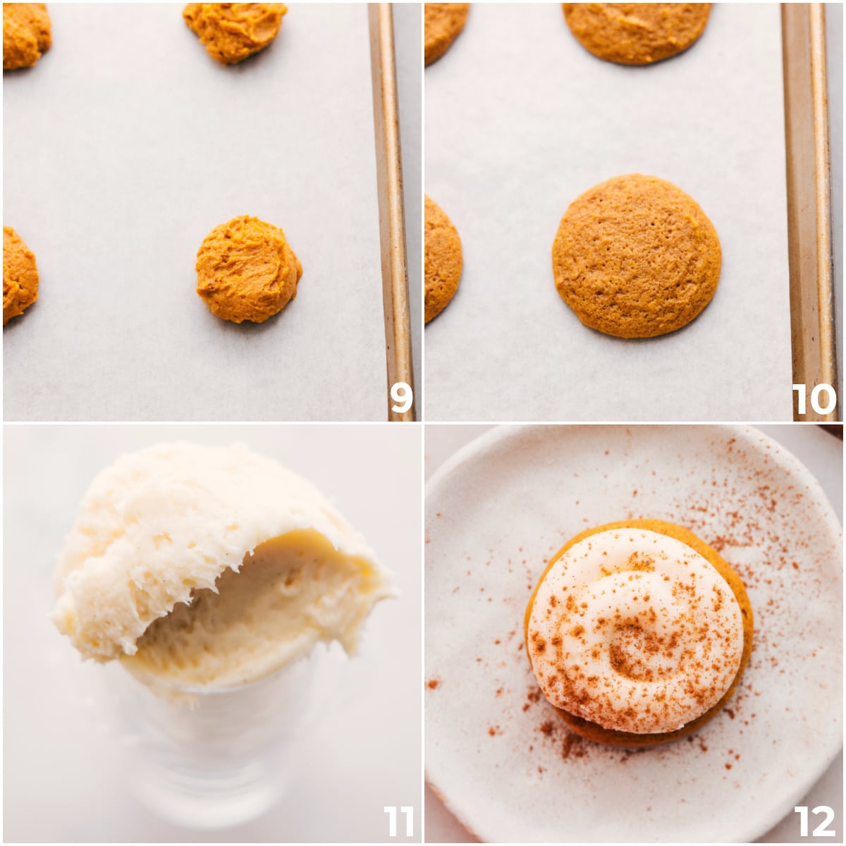 Roll the pumpkin cookie dough into balls, bake them, and pipe cream cheese frosting on top.