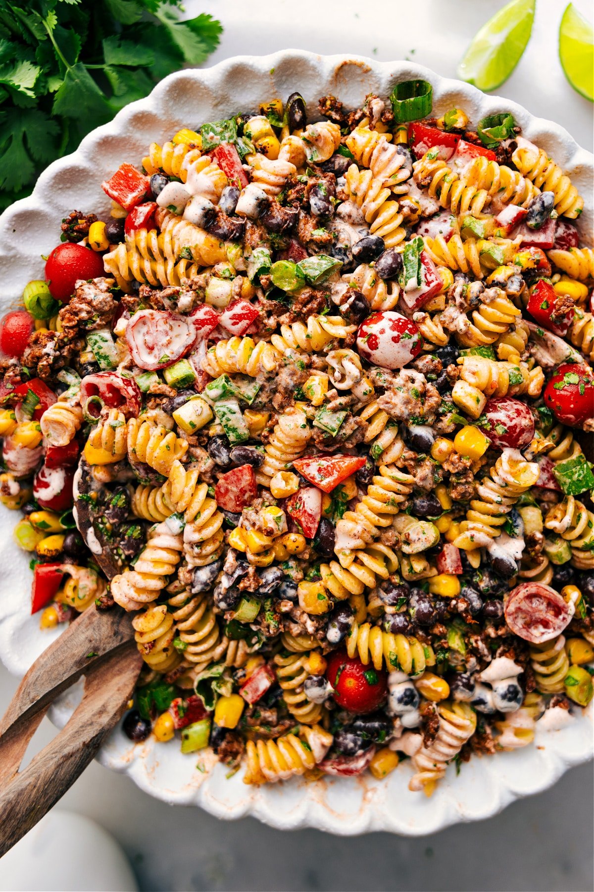 Taco Pasta Salad in a bowl, ready to enjoy.