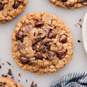 Coconut Oil Oatmeal Cookies with melty chocolate ready to be served.