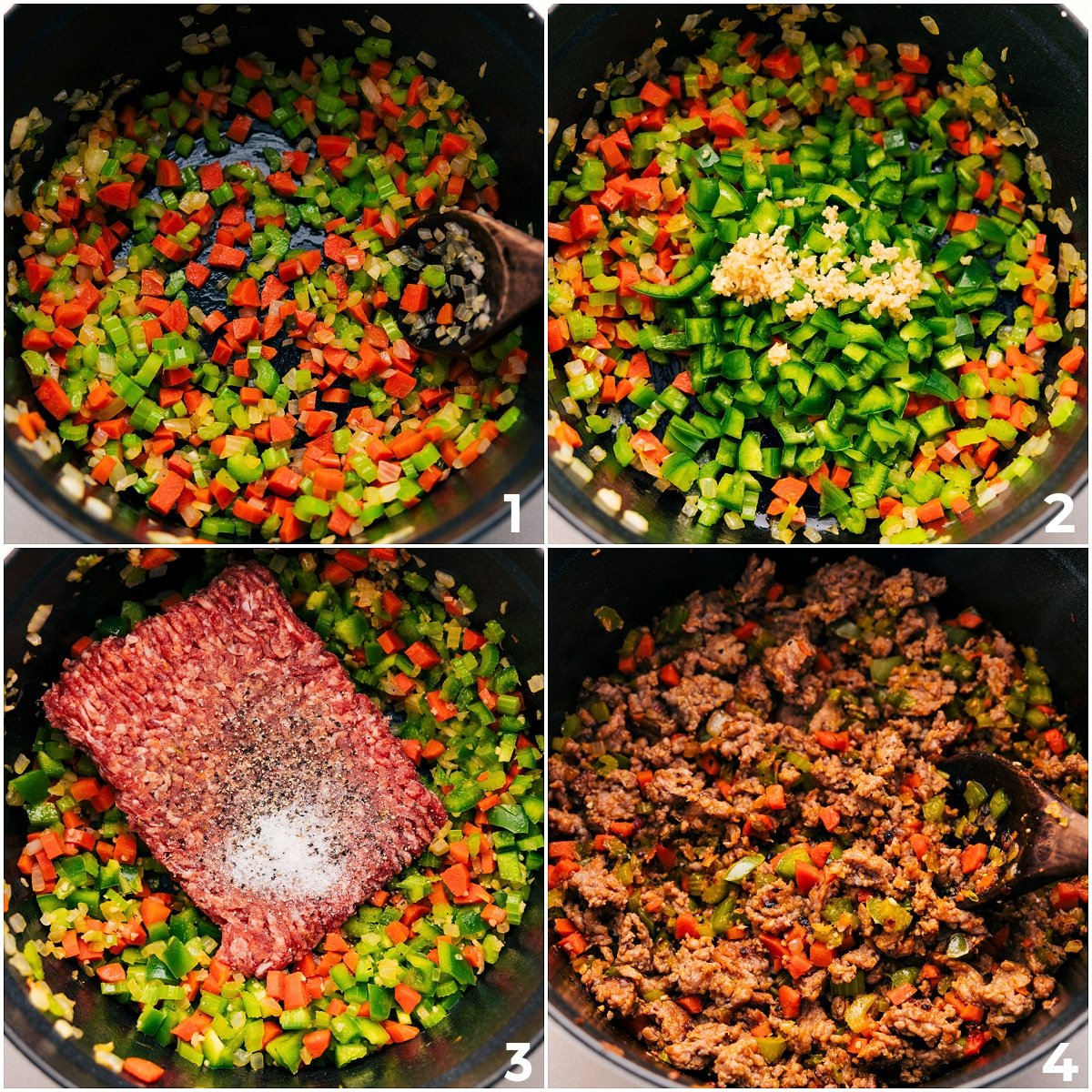 Veggies sautéing and sausage browning with seasoning in the pot for this Italian Sausage Orzo Soup.