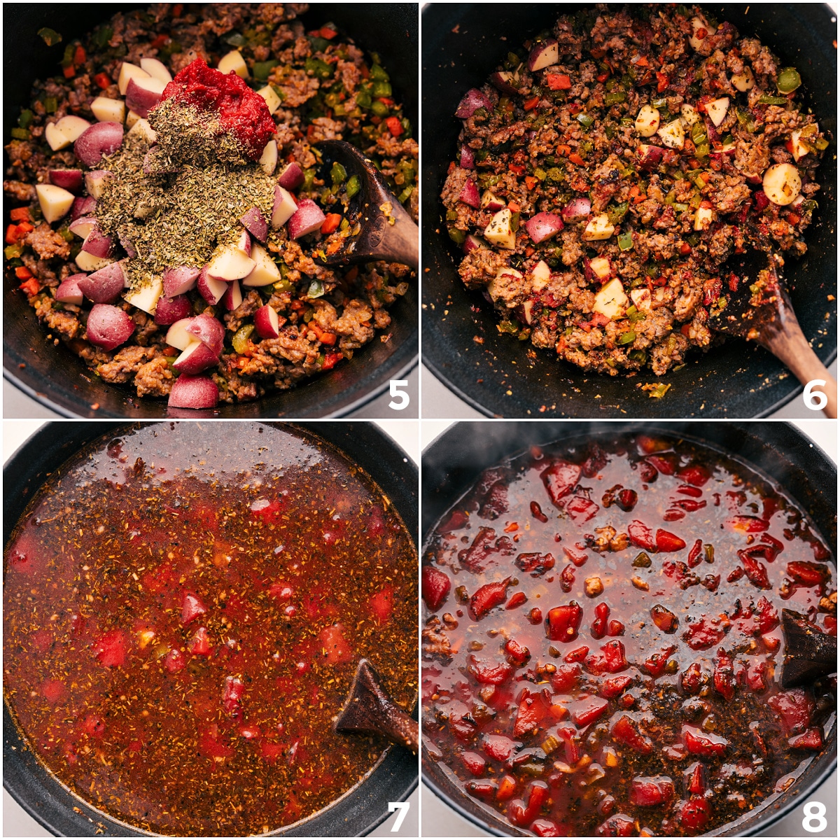 Potatoes, tomato paste, and seasonings go in first, followed by broth and crushed tomatoes added to the pot.