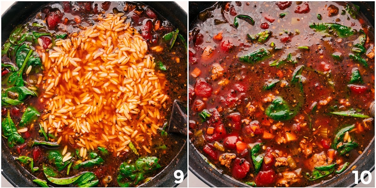 Orzo and spinach added to the pot, cooking together for this Italian Sausage Orzo Soup.