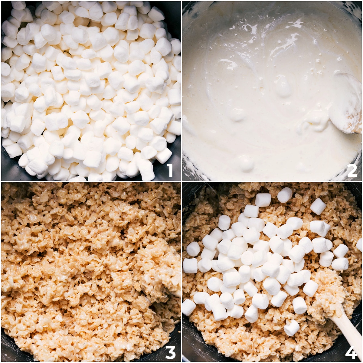 Marshmallows melted down and the rice krispie being added in and mixed together.