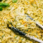 The Zucchini Pasta Sauce mixed in with the noodles and all tossed together for a creamy and delicious dinner!