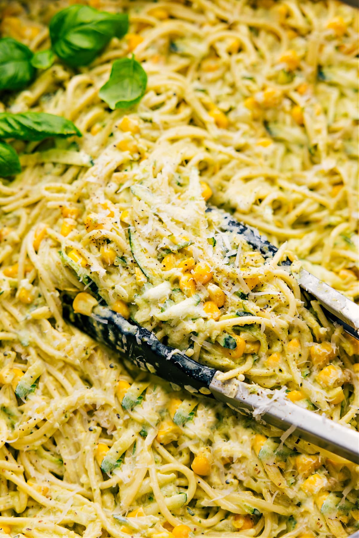 The Zucchini Pasta Sauce mixed in with the noodles and all tossed together for a creamy and delicious dinner!