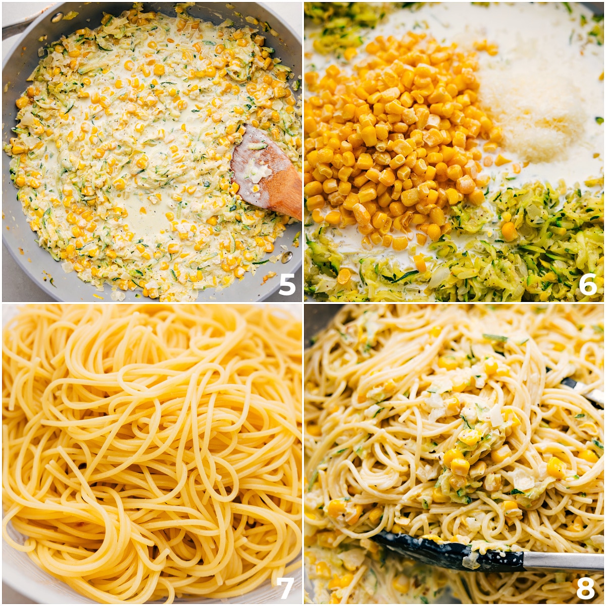 The cream and corn being added to the pot along with the cooked spaghetti noodles.