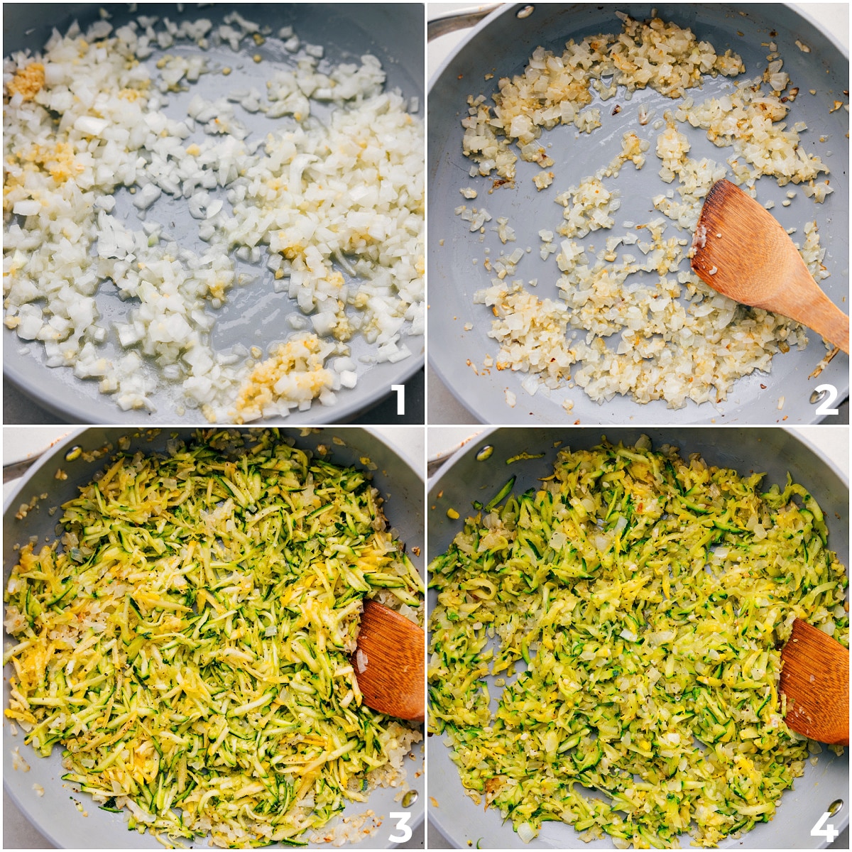 The veggies including onion, garlic, and zucchini being sautéed in a pot for this Zucchini Pasta Sauce.