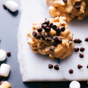 A batch of the delicious avalanche cookies, full of flavor and topped with mini chocolate chips.