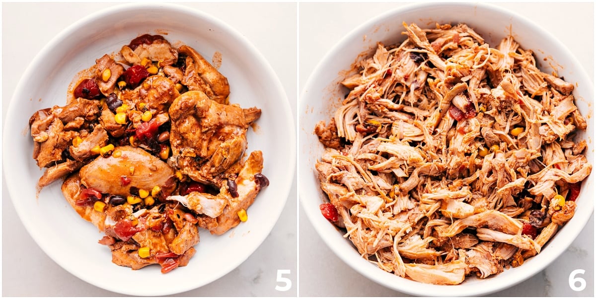 Shred the slow-cooked meat and add it back into the crockpot.