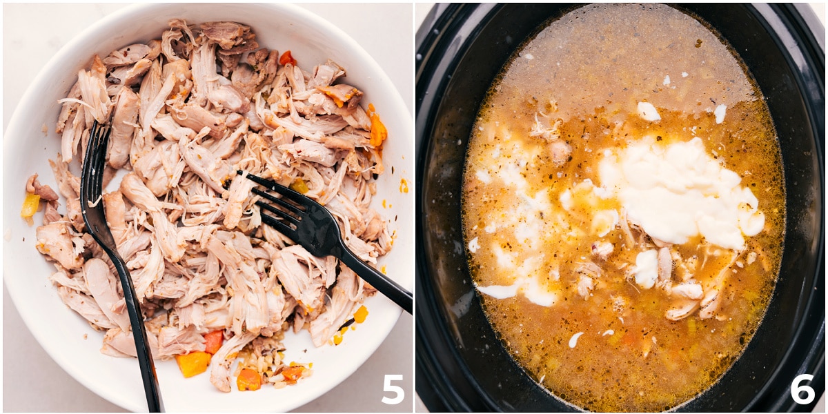 Shred the meat and add it back into the slow cooker along with the cream sauce.