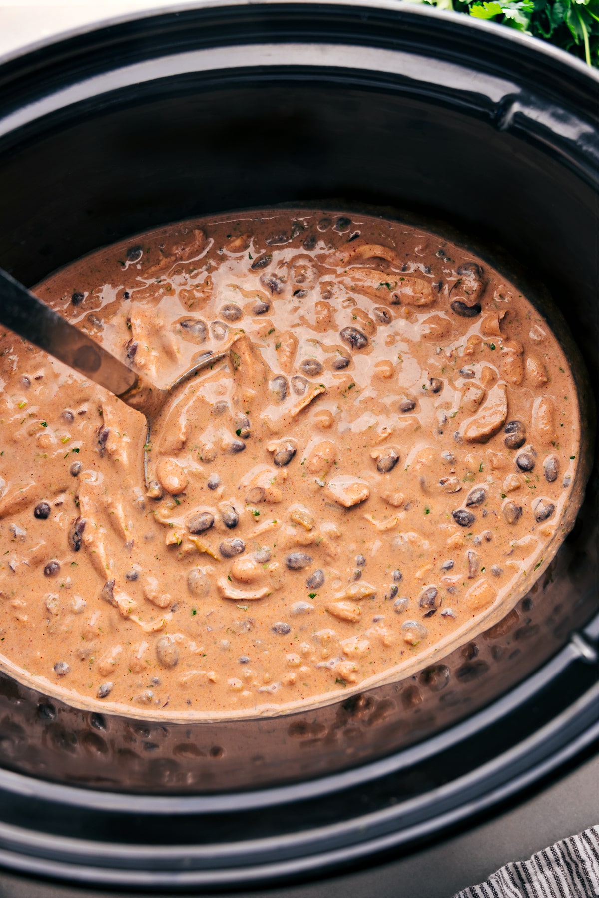 Green Chicken Enchilada Soup in the crockpot, ready to serve.