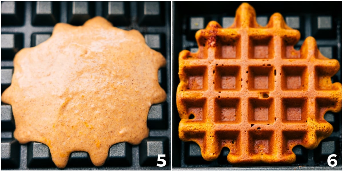 The batter being poured into the waffle maker and it being cooked up.