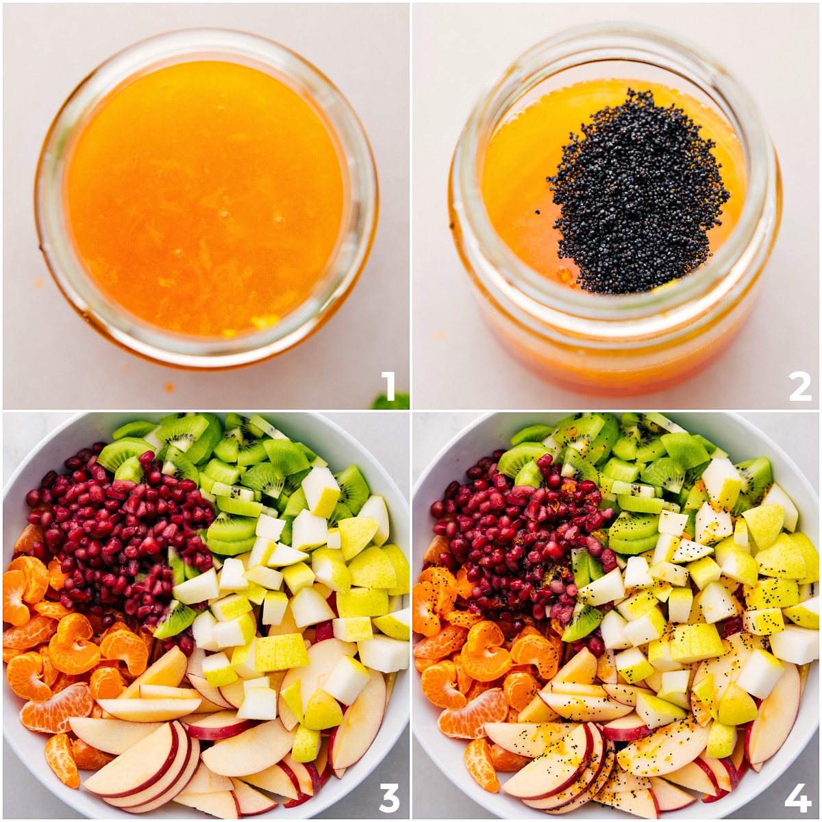 Mix the dressing in a mason jar, then drizzle it over the winter fruit salad.