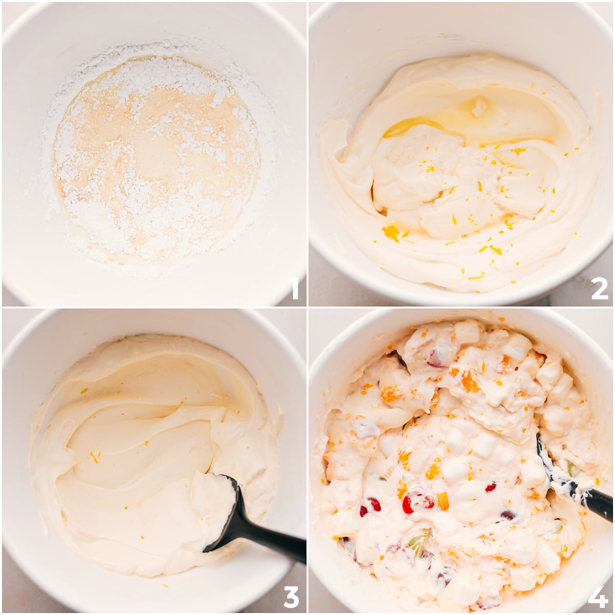 Whipped cream mixture being mixed together and added to the fruit and marshmallow mix.