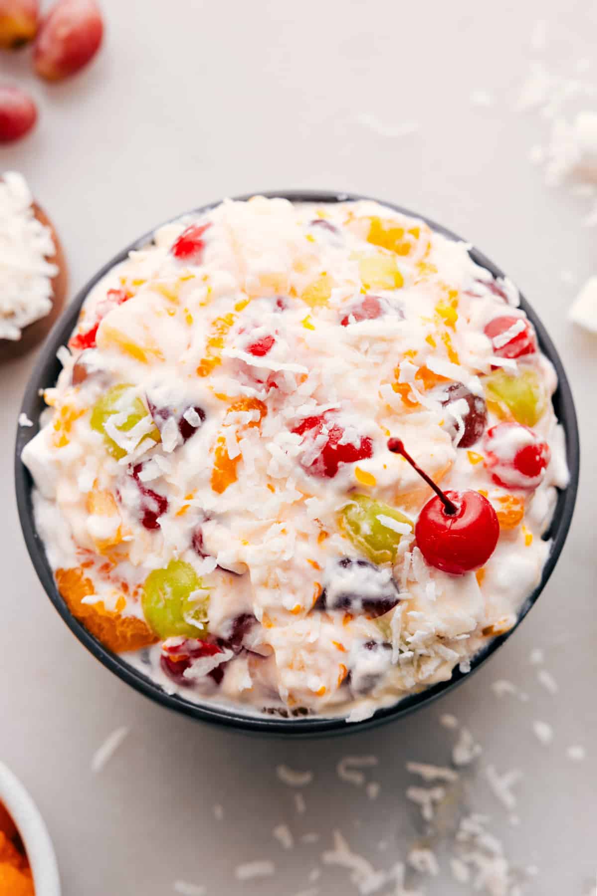 Ambrosia salad in a bowl ready to be served.