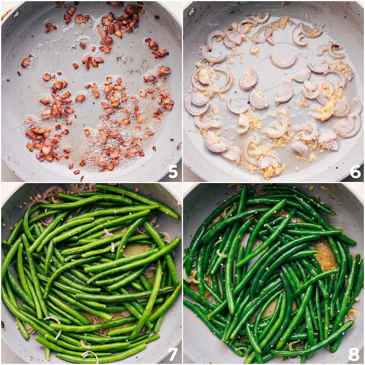 Cook the garlic and shallots, then add the beans and simmer with the broth until softened.