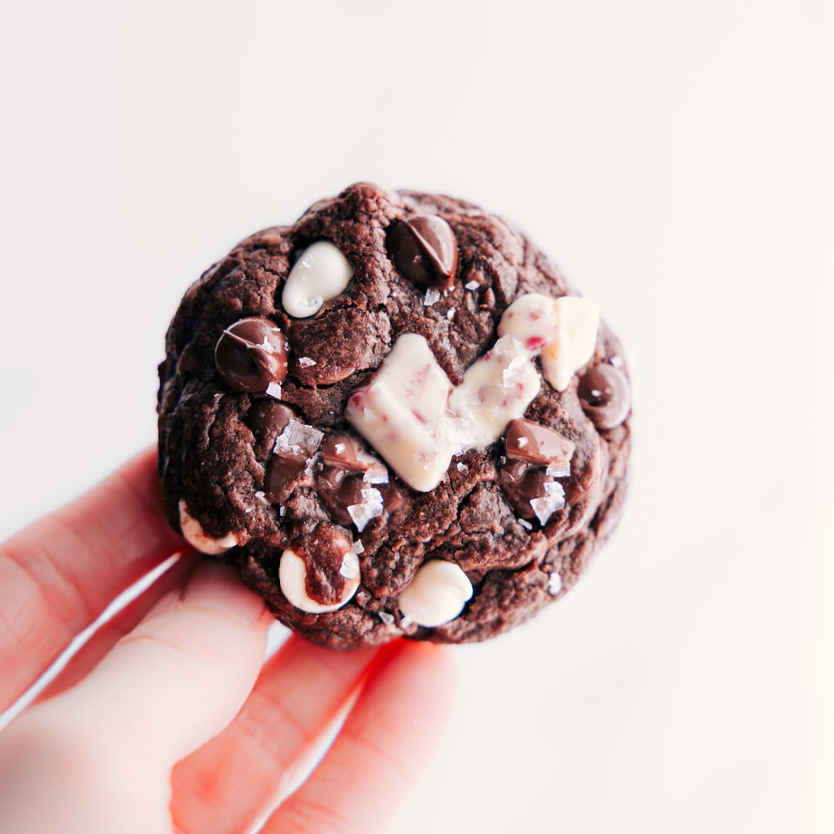 Freshly baked chocolate peppermint cookies topped with flaky sea salt.