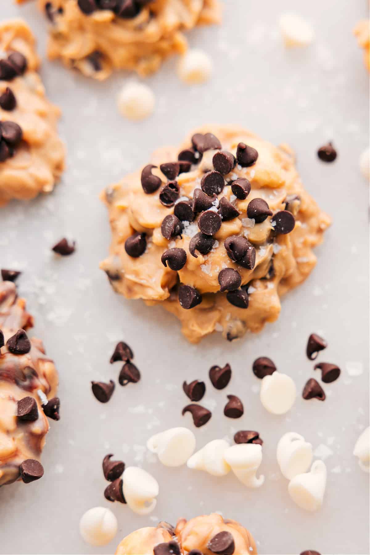 No-bake Avalanche Cookies with chocolate chips sprinkled throughout.