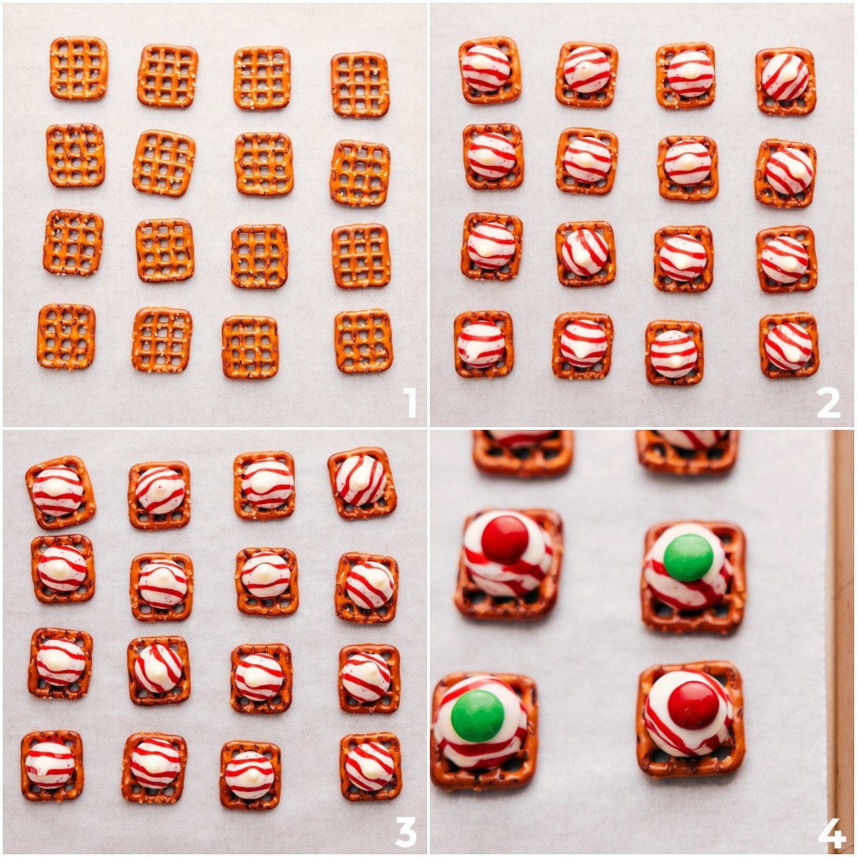 Lay out pretzels on a tray, top each with a peppermint chocolate kiss, bake until softened, then press an M&M on top for these peppermint bark pretzels.