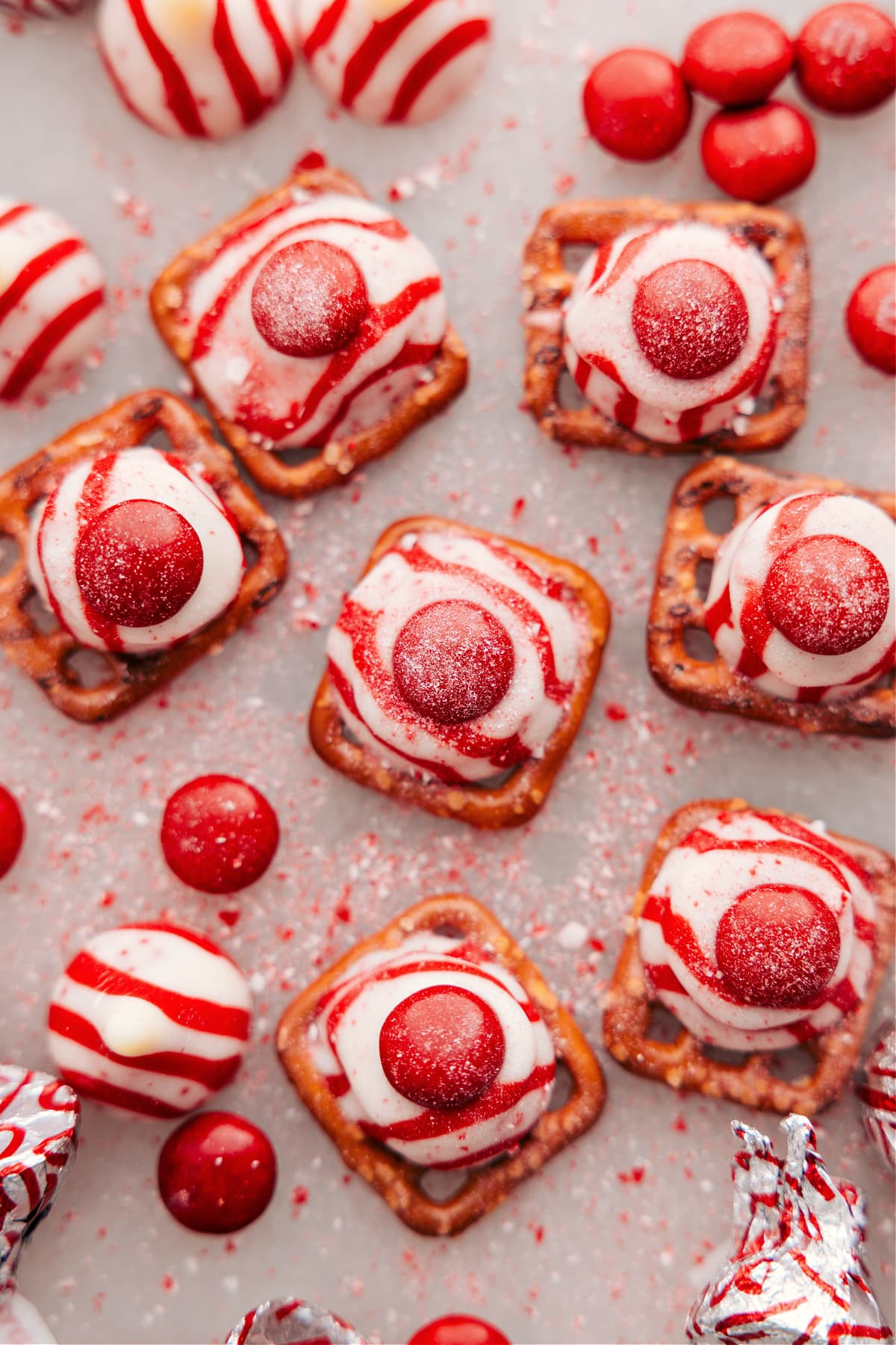 Peppermint Bark Pretzels come out of the oven topped with sprinkled peppermint.