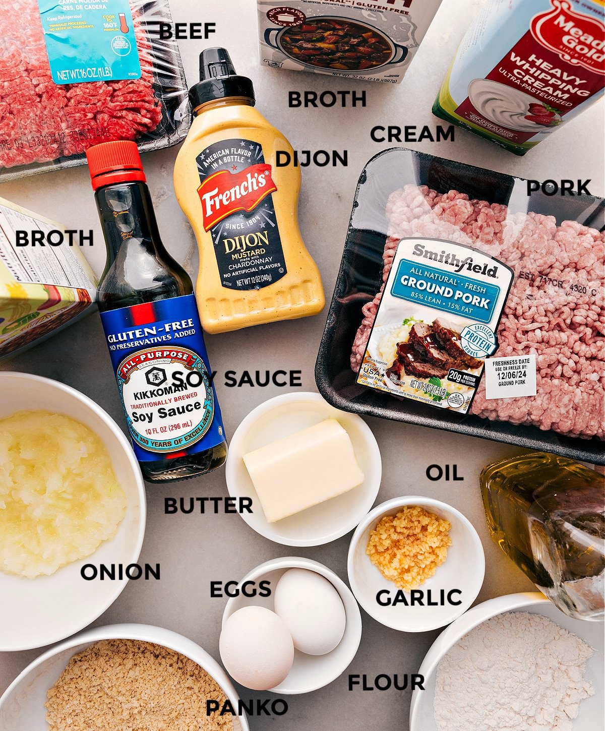 This recipe is prepped for easy assembly with ground pork, cream, Dijon, soy sauce, butter, oil, veggies, beef, panko, eggs, flour, and broth.