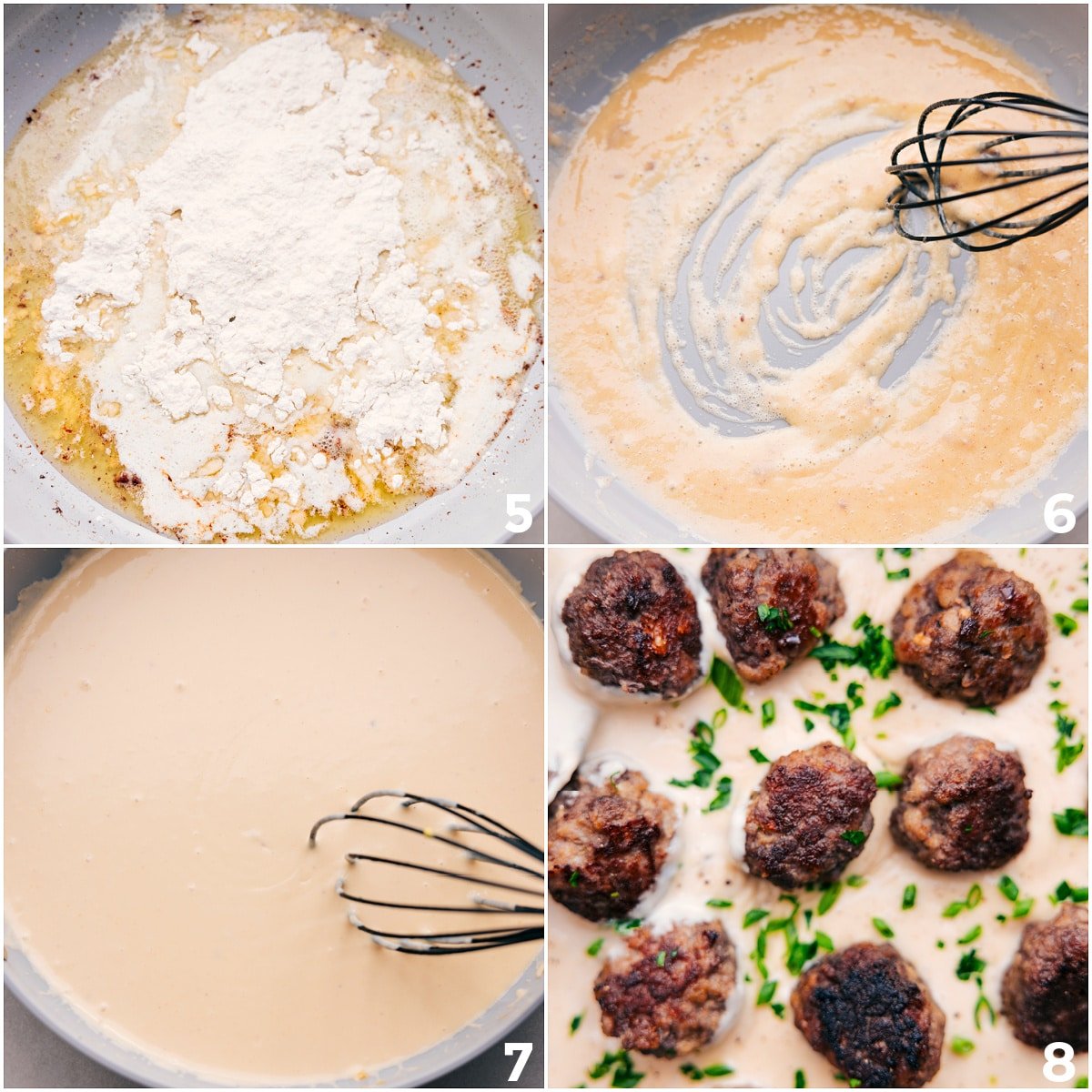 The cream sauce whisked together, then the meat added to the skillet.