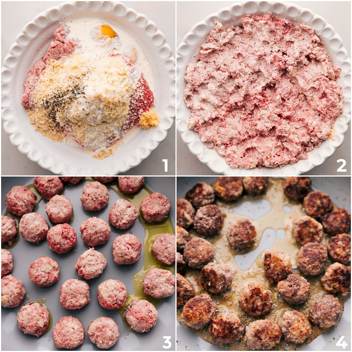 Swedish meatballs mixed, rolled into balls, and cooked in a skillet.