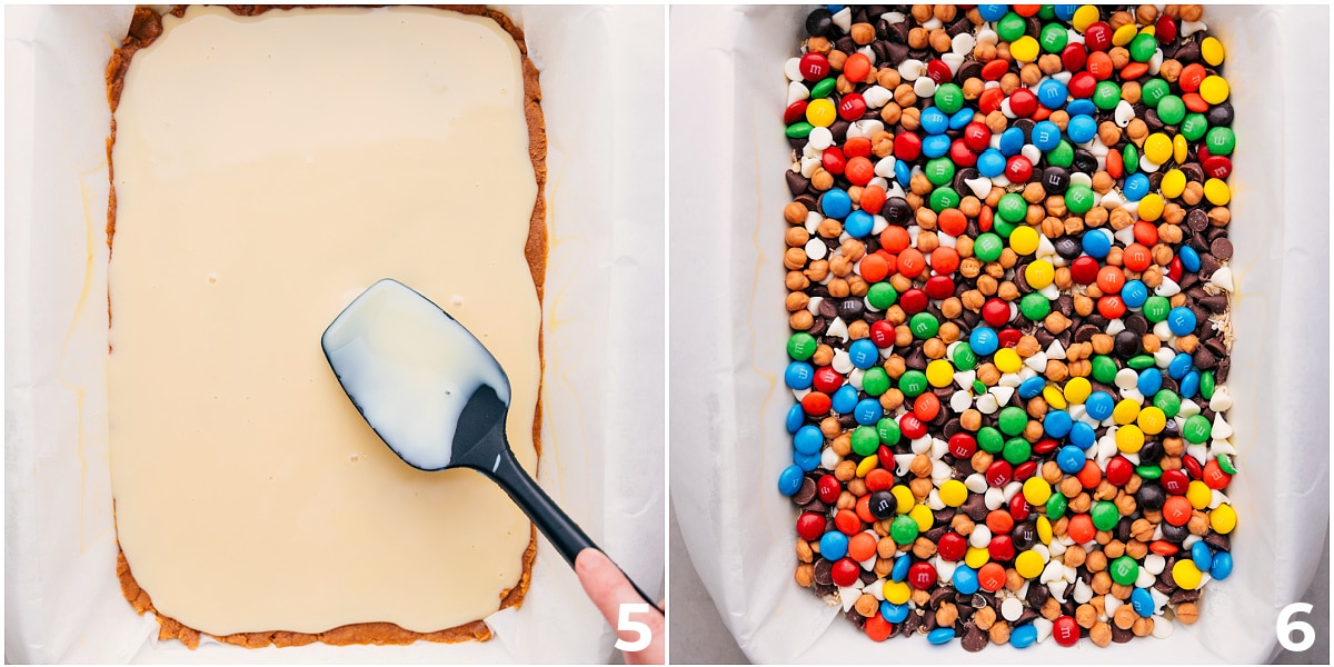 All the ingredients are layered in the pan, ready to bake.