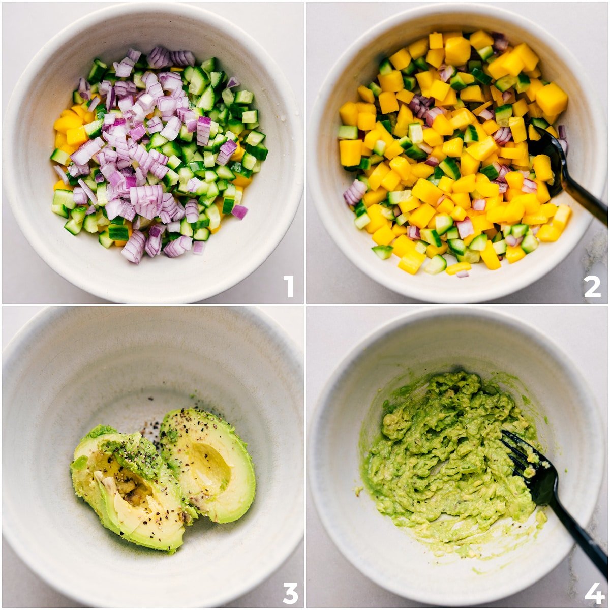 The mango salsa is mixed, and the avocado mixture is smashed.
