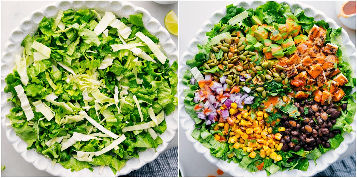 Chipotle Chicken Salad drizzled with sweet chipotle-lime vinaigrette, ready to be tossed and served.