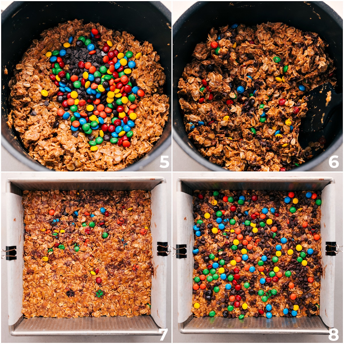 Mix the M&Ms and chocolate chips into the pot, then press everything into a pan.